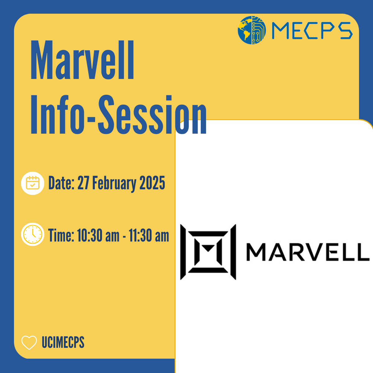 Flyer promoting the Marvell Information Session on February 27, 2025, from 10:30–11:30 AM, featuring the Marvell company logo.