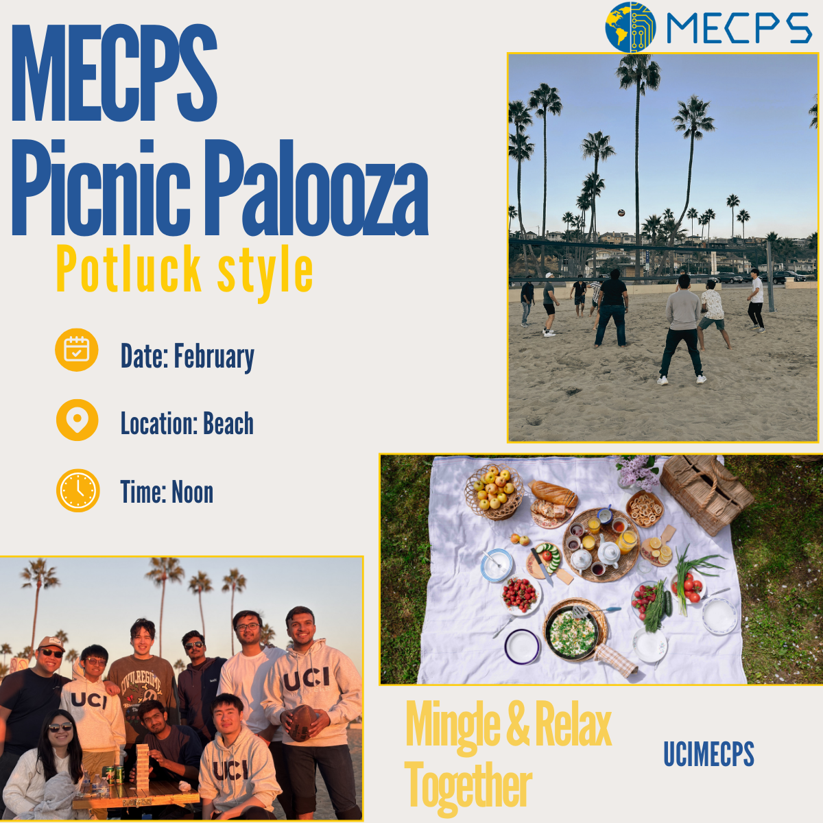 MECPS Picnic Palooza flyer, February at the beach, with images of students posing, food spread, and MECPS students playing volleyball at the beach, focused on the ball midair.