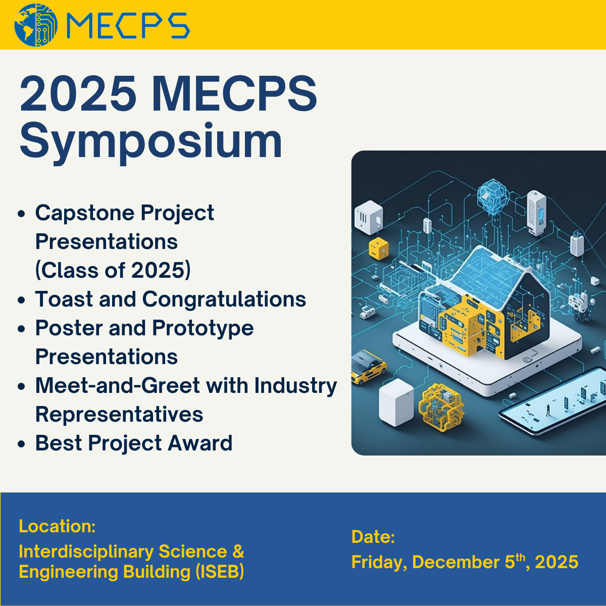 Flyer promoting the 2025 MECPS Symposium on Friday, December 5, 2025, at the Interdisciplinary Science and Engineering Building (ISEB).