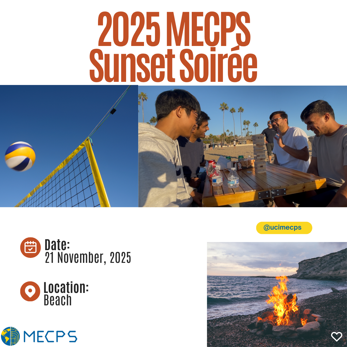 MECPS Sunset Soirée flyer, Nov 21, 2025, with images of students playing Jenga, a beach bonfire, and volleyball midair.
