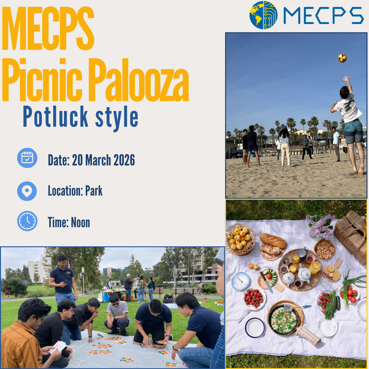 Flyer for MECPS Picnic Palooza on March 20, 2026 at noon in a park, with photos of students and faculty playing cards on a blanket, a picnic food spread, and students playing volleyball at the beach.