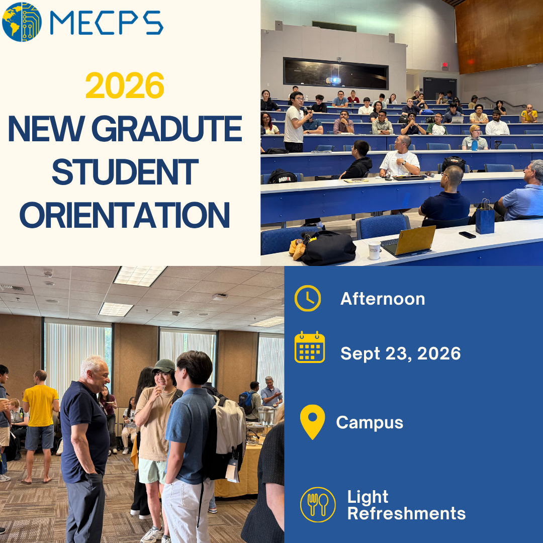 Flyer for the MECPS New Graduate Student Orientation featuring two photographs from previous graduate student orientations.